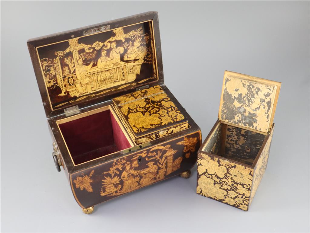 A Regency penwork tea caddy, width 9.5in height 7in.